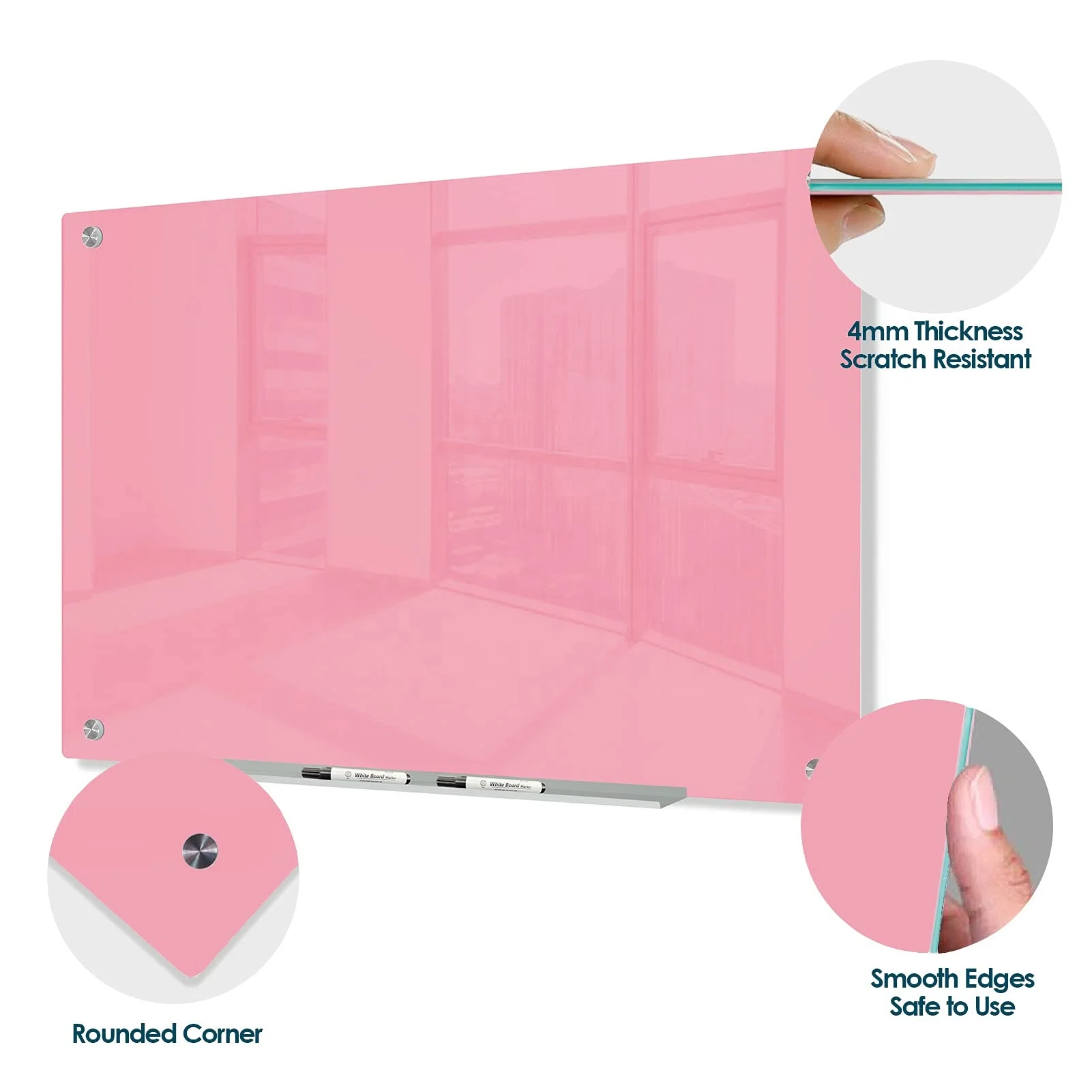 High Quality Frameless Pink Surface Wall Mounted Glass Dry Erase Board Big Size Magnetic Glass Whiteboard