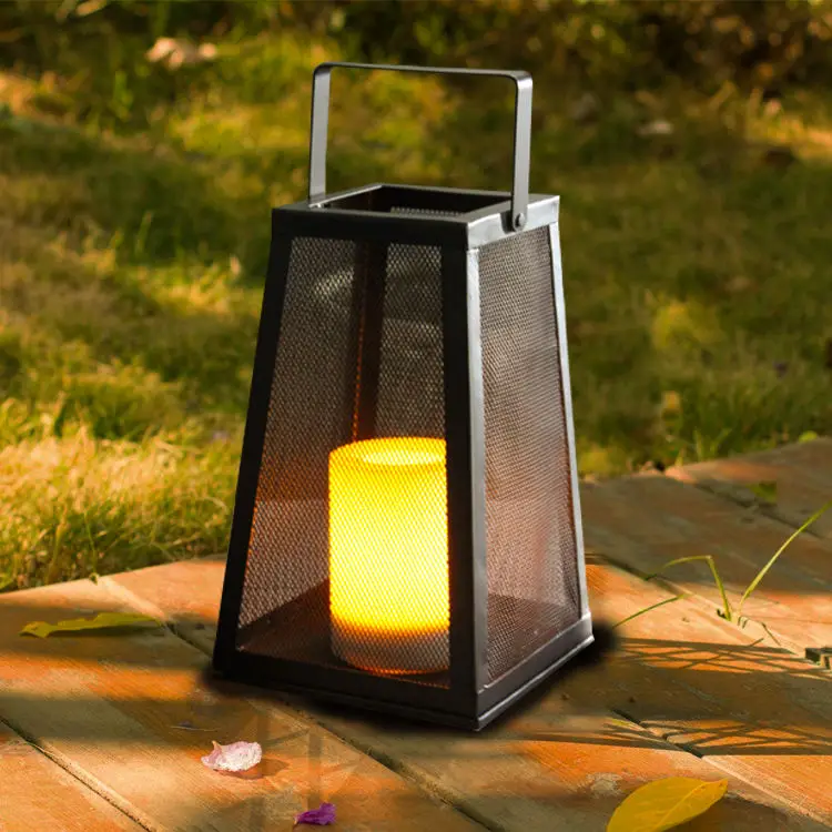 Hanko New Style Trapezoid Solar Powered Garden Decor Black Metal Led Candle Lantern Light