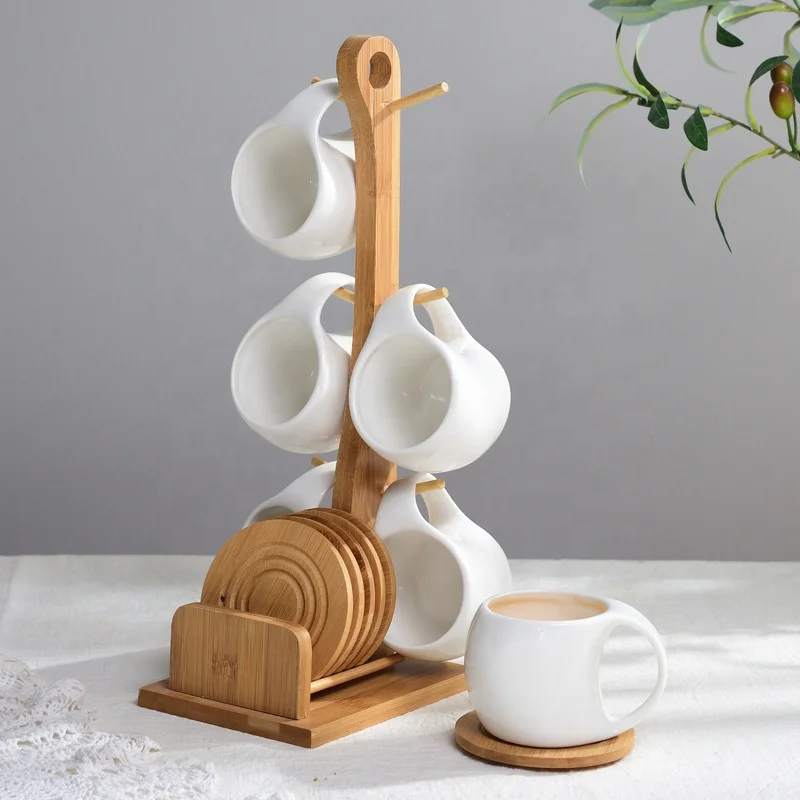 Custom Logo Plain White Porcelain Cappuccino Cups And saucer Set, Ceramic Espresso Coffee Cup With Saucer And Bamboo Shelf Rack