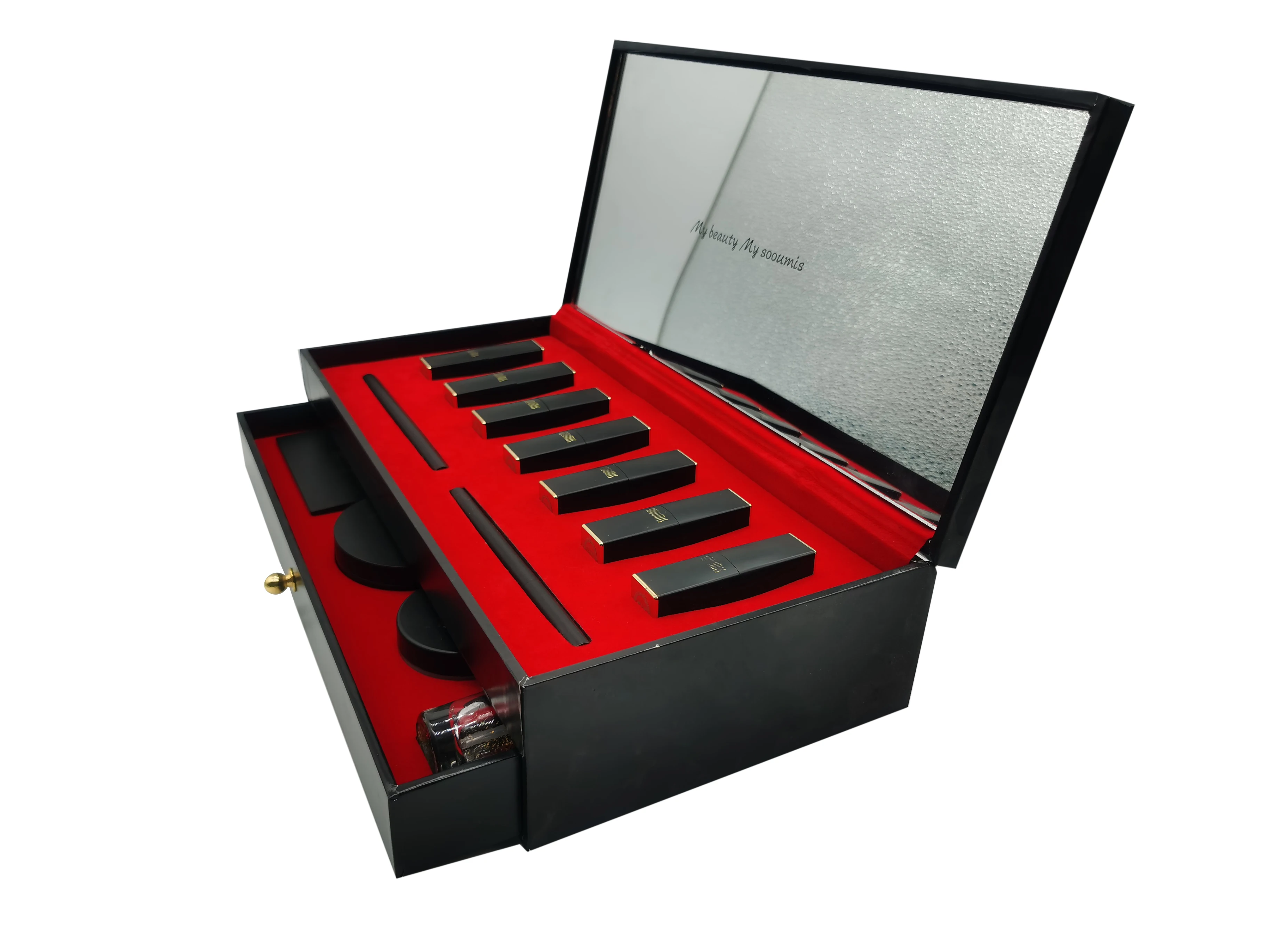 Custom Hard Case Black Double 2 Layer Drawer Rigid Lipstick And Cosmetic Set Gift Packaging Box