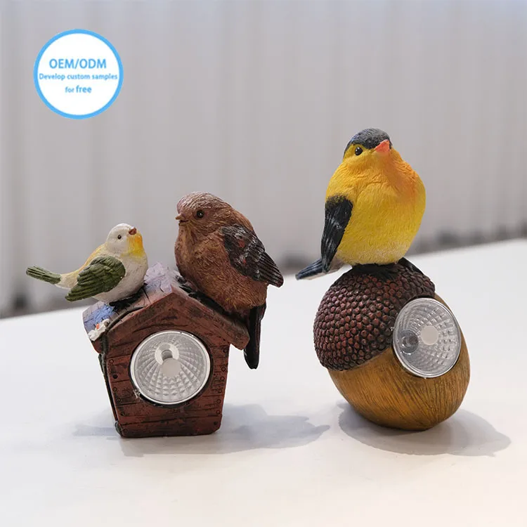 Resin Crafts Wholesale Custom Garden Decoration LED Solar Box Animal Statue Cute bird Figurine