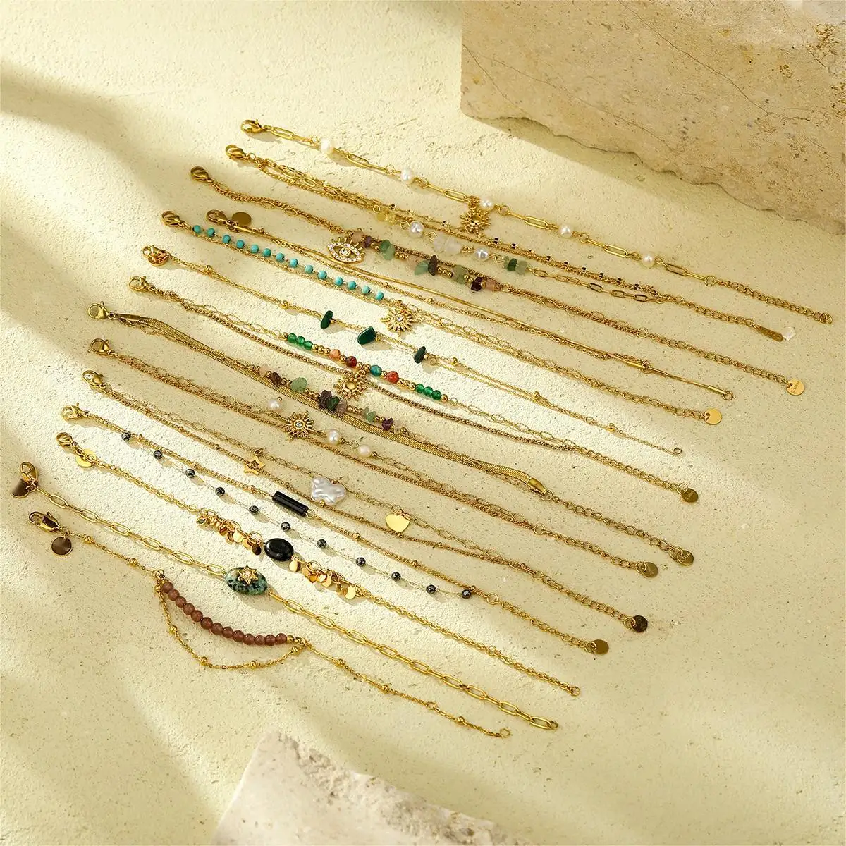 Multy-Layer Bohemian Style Stainless Steel Bracelet Set Gold Plated Natural Stone Beaded Heart&Sun Charms Chain Bracelet Jewelry