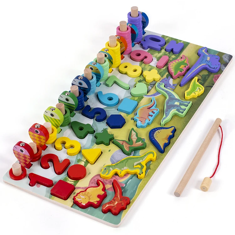 New Design Wooden Fishing Toys For Kids Geometric Shape Cognition Dinosaur Puzzle and number fishing game