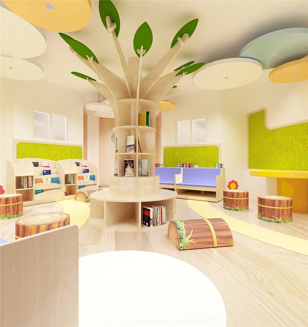 Custom Library Interior Decoration Layout Design Metal Steel Book Shelf Table Library Wooden Furniture