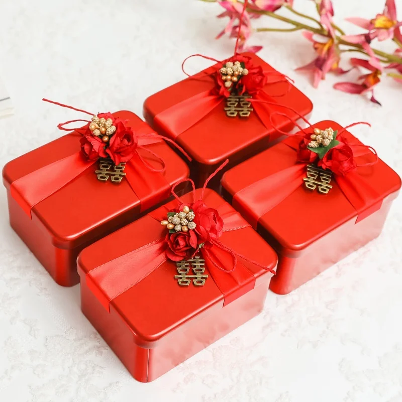 Rectangular /Round Metal Gold Red Wedding Candy Tin New Tinplate Wedding Gift Case Tins with small flower decorations TB110102