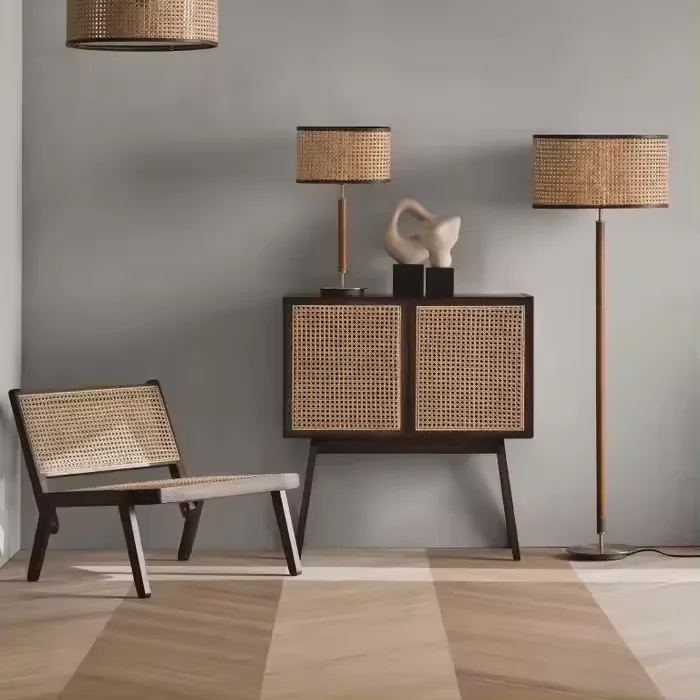 New stock arrival nordic style modern designs natural storage sideboard display wood living room rattan kitchen cabinet