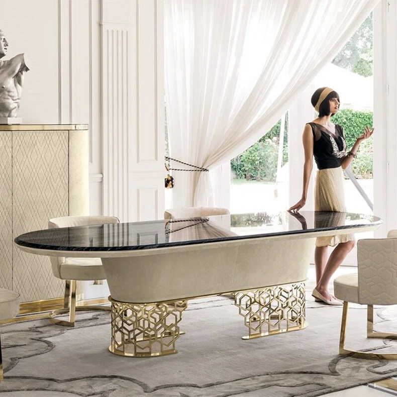 Restaurant furniture customization Italian light luxury Oval table and chair set Modern marble dining table