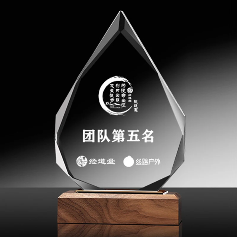 Different shaped High quality blank crystal glass awards trophies wholesale k9 custom logo trophy with wooden base