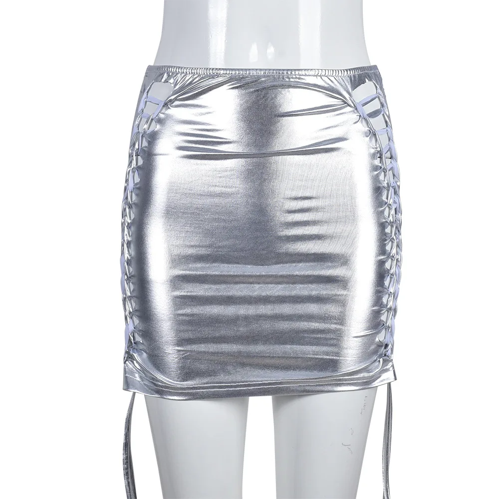 Hot Sale Summer Women Sexy Skirt Mini Short Skirt Bright leather tassel high elastic hollow lace skirt for women