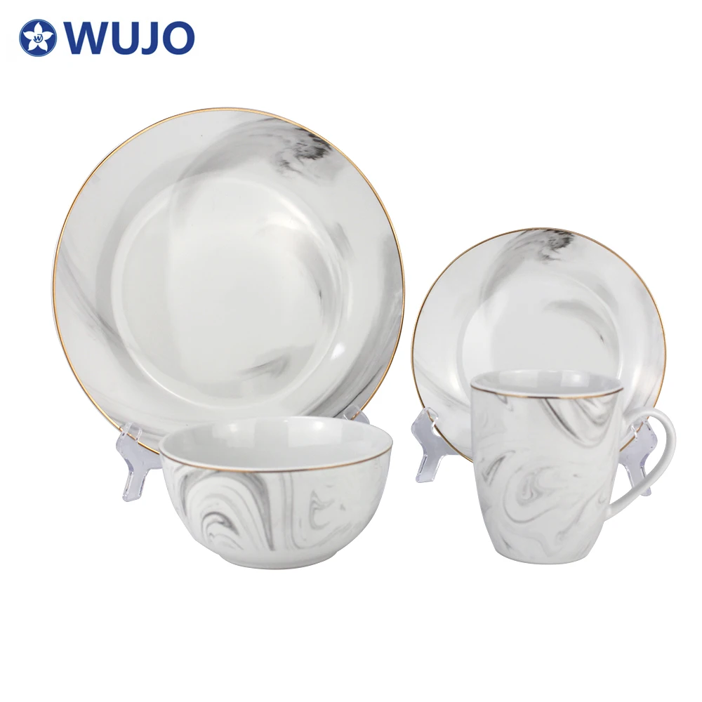 Marble Ceramic Dinner Sets Dinnerware 16pcs Luxury New Bone China Dinner Set with Gold Rim