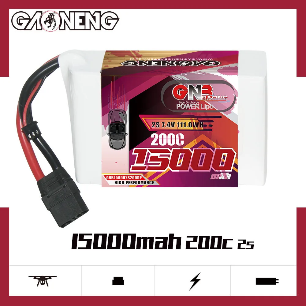 GNB GAONENG 1500mAh 15AH 2S 7.4V 200C XT90 RC LiPo Battery RC Car Drag Racing Drag Pack Soft Pack High Power Fast Speed