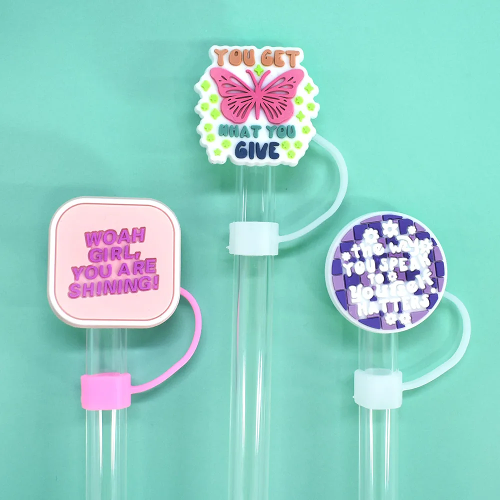 Wholesale Bulk PVC Bar Accessories 10mm Slogan Straw Topper Charms Straw Tips Cover Drinking Accessories for Tumblers Usage