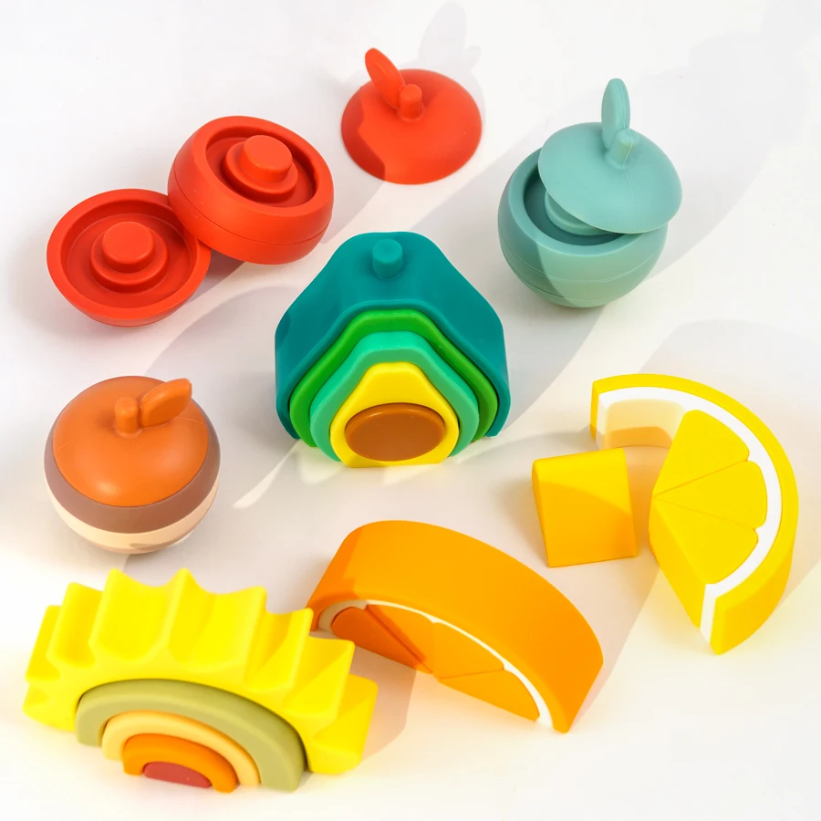 Good Quality Baby Educational Silicone Stacking Toy Bpa Free Colorful Pear Apple Fruit Stacking Blocks Toys