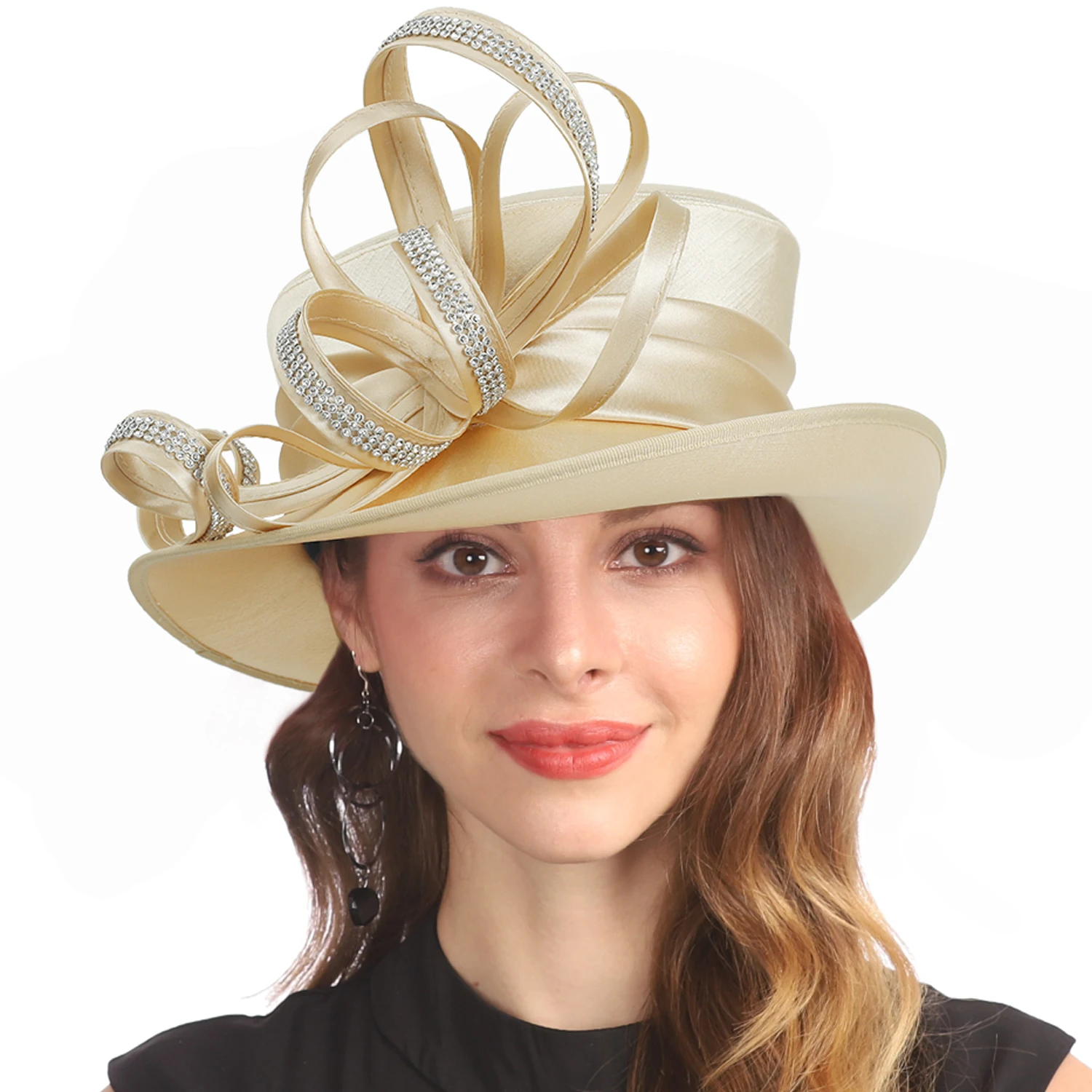 Wholesale Fancy Women Dressy Satin Formal Wedding Derby Hair Fascinator Church Hats w/ Diamonds Champagne Gold SD718