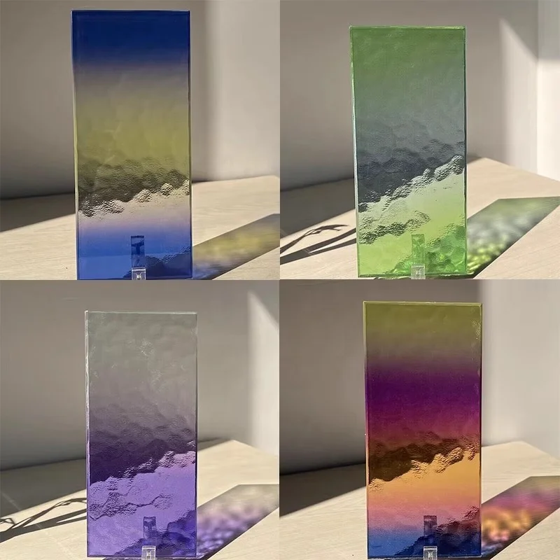 Gradient art glass partition with colored craft curved steel ultra-white laminated hotel bathroom glass.