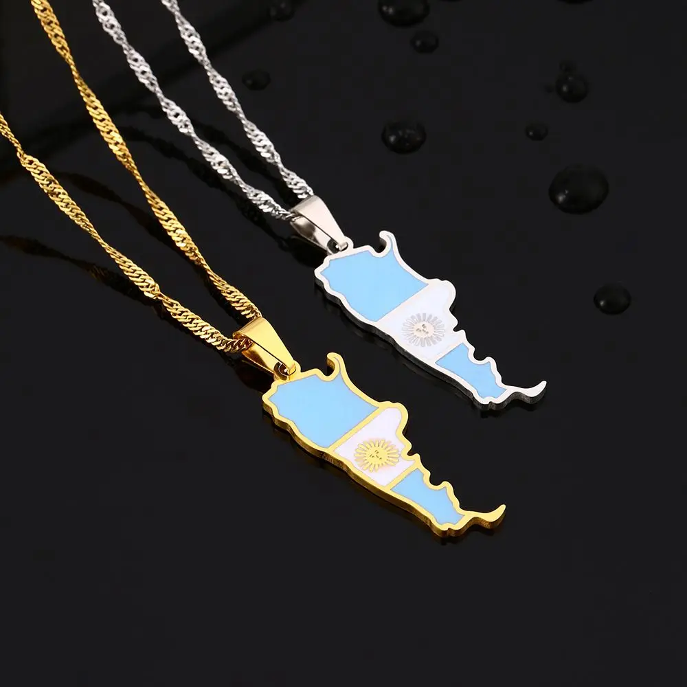 Wholesale Custom Stainless Steel Jewelry Drop Oil Argentina Nation Map Flag Men Pendant Charm Couples Necklace For Women