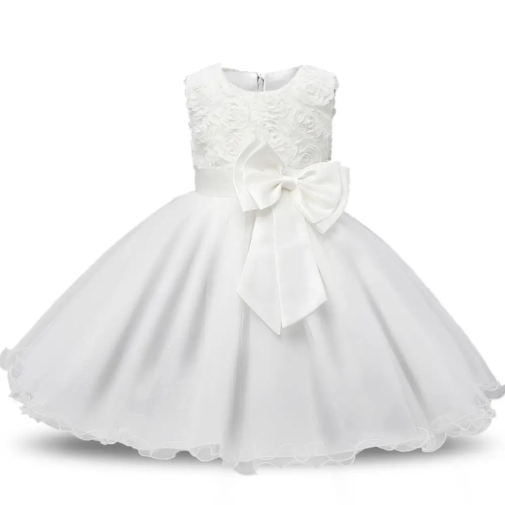 Boutique sleeveless champagne girl christening baptism dress baby with big bow