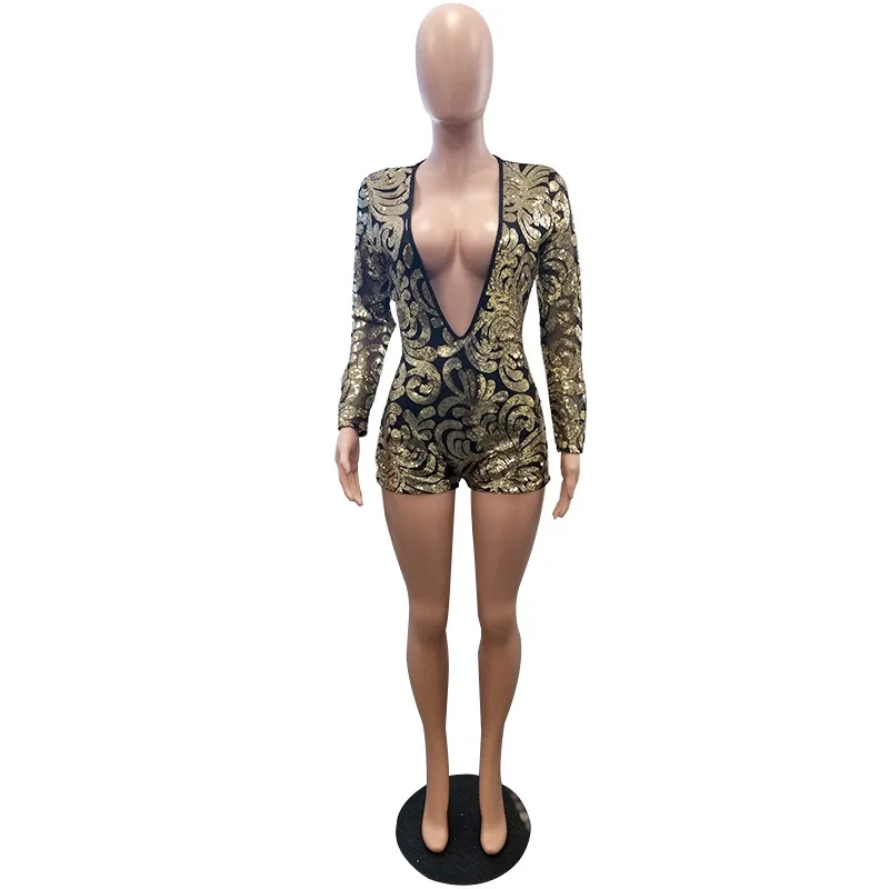 Fashion Long Sleeves Deep V Gold Sequins Bodysuits Lady Sexy Bodycon Jumpsuits Women Club Party One Piece Playsuits Plus Size