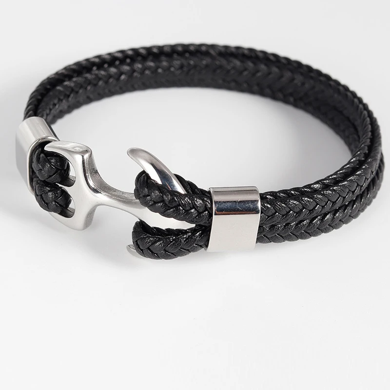 Fashion Jewelry Brown Color Multi Layer Vintage Woven Leather Rope Anchor Stainless Steel Bracelet For Men