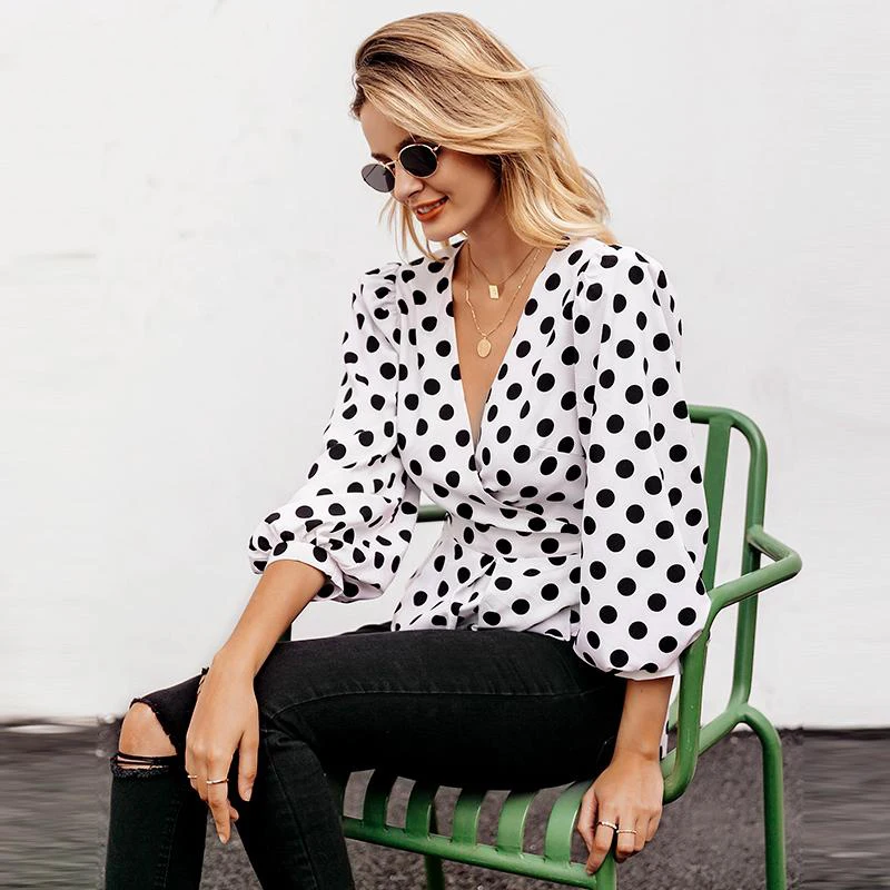 Ladies Highstreet Lantern Sleeve Blusa Vintage V Neck Polka Dot White Shirt Women Fashion Wrap Blouse