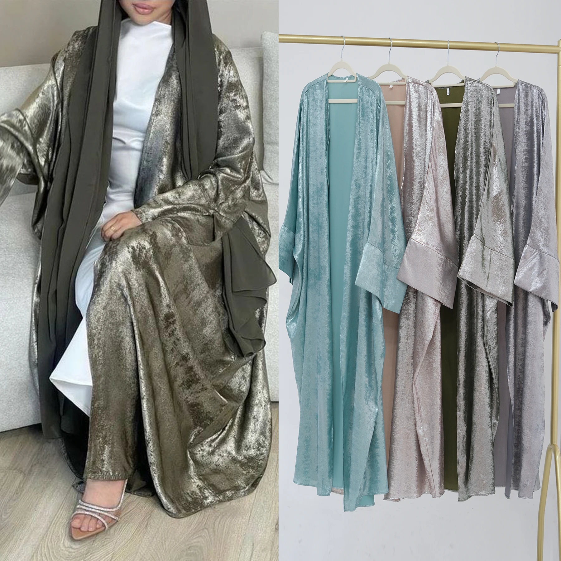 2024 New Cardigan Abaya Shinny Polyester Modest Women Abaya Muslim Dress Dubai Open Abaya Fashion Islamic Clothing