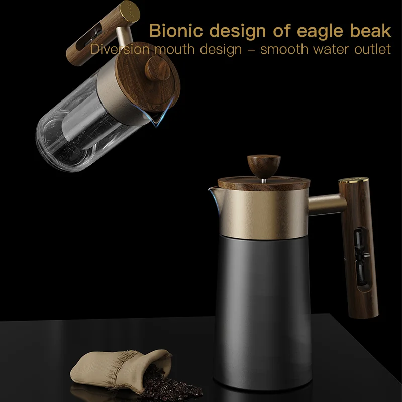 DHPO Removable Coffee and Tea Set Luxury 4-Layer Filter Double Walled Ceramic French Press Wooden Hourglass Handle Coffee Maker