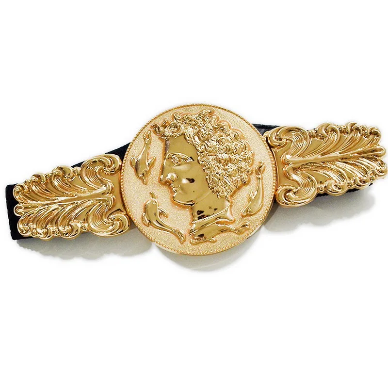 Golden Lion Head Women Girdle Metal Round Buckle Elastic Exaggeration Belt