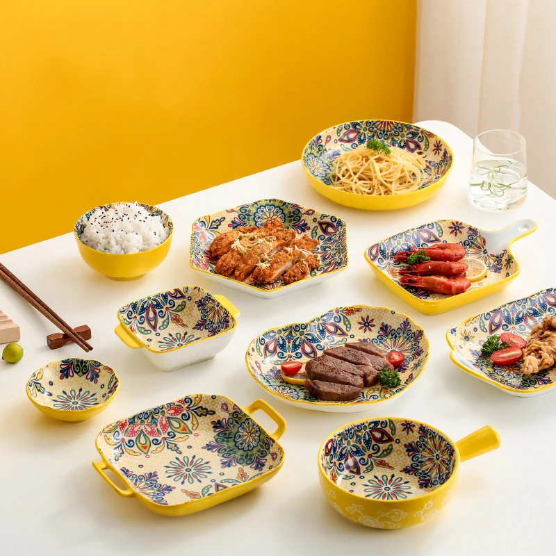 Wholesale Luxury porcelain dinnerware set floral yellow Pattern Ceramic mug saucer dish Tableware for Dinning