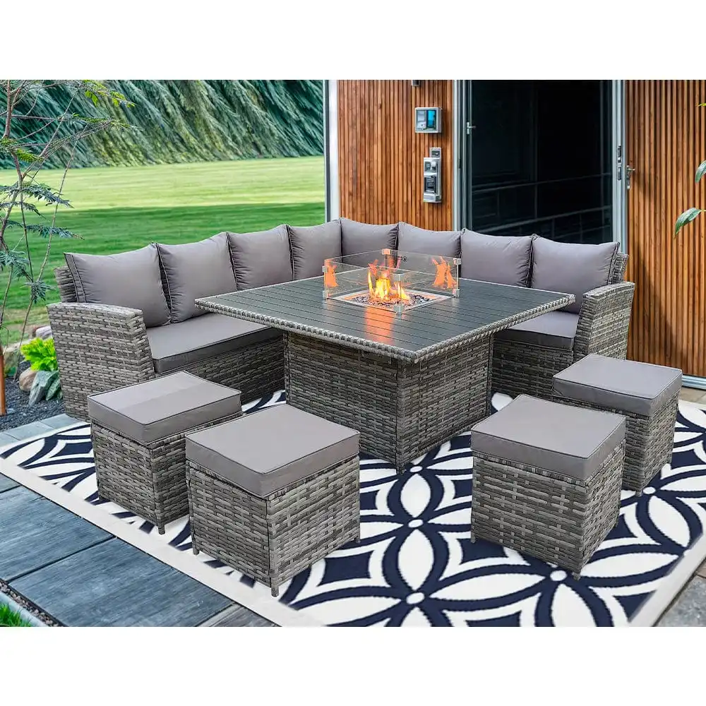 Outdoor Rattan Garden Furniture Patio Corner Sofa Cube Set with Fire Pit Table for Garden or Courtyard Use