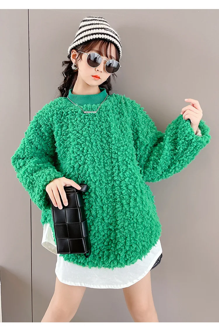 2024 Children Clothes Autumn Spring Long Sleeve Lambswool Solid Color Casual Teenagers Girls Hoodies