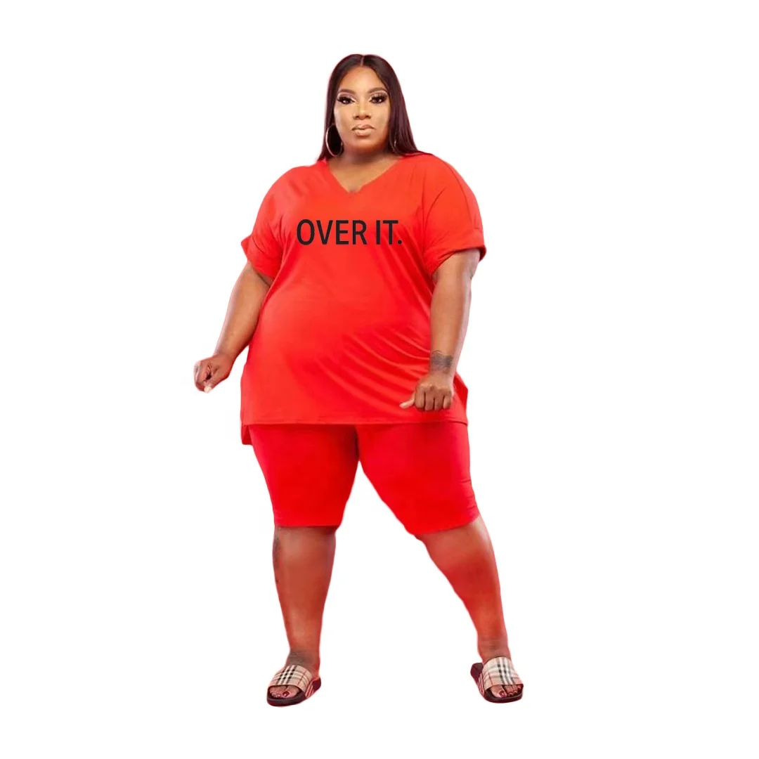 Custom Print Short Sleeve Two Pieces Set Women Letter Print T shirt Summer Plus Size Two Piece Set Bodycon Plus Size Women Set