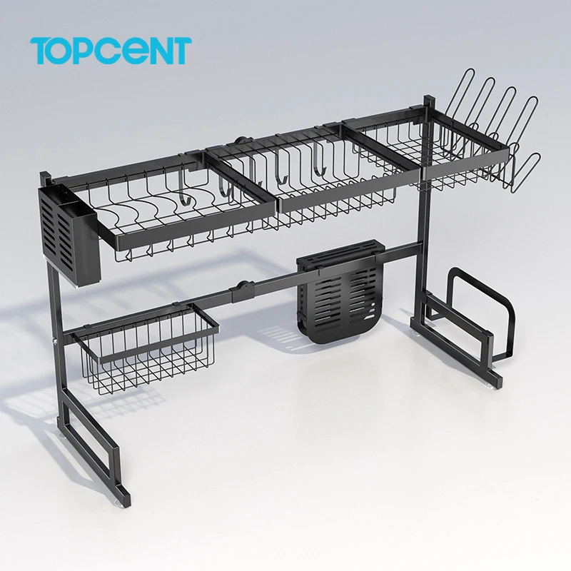 TOPCENT 65cm 85cm Expandable Adjustable  2 tier Kitchen Stainless Steel Drainer Over The Sink Dish drying Rack