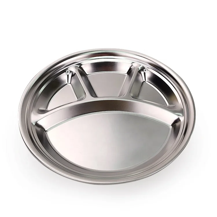 
Stainless Steel 4 Sections Round Divided Plate Dish Snack Dinner Tray Lunch 