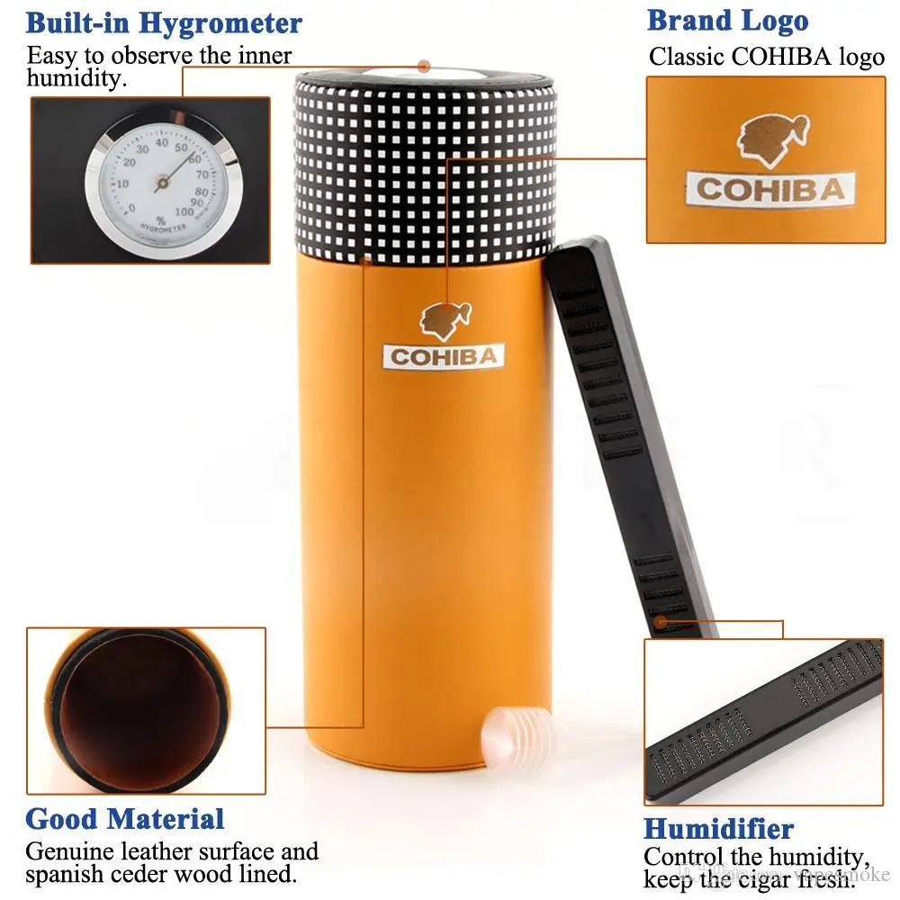 Cylinder Leather Travel Humidor Cigar Box Cedar Wood Portable Cigar Case Jar