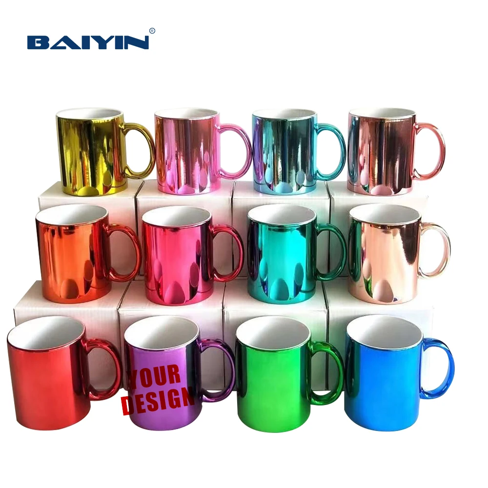 Baiyin Ceramic Electroplating Multicolor Metallic Mug 11Oz Blank Sublimation Mugs Plated Mirror Coffee Mugs with Handle