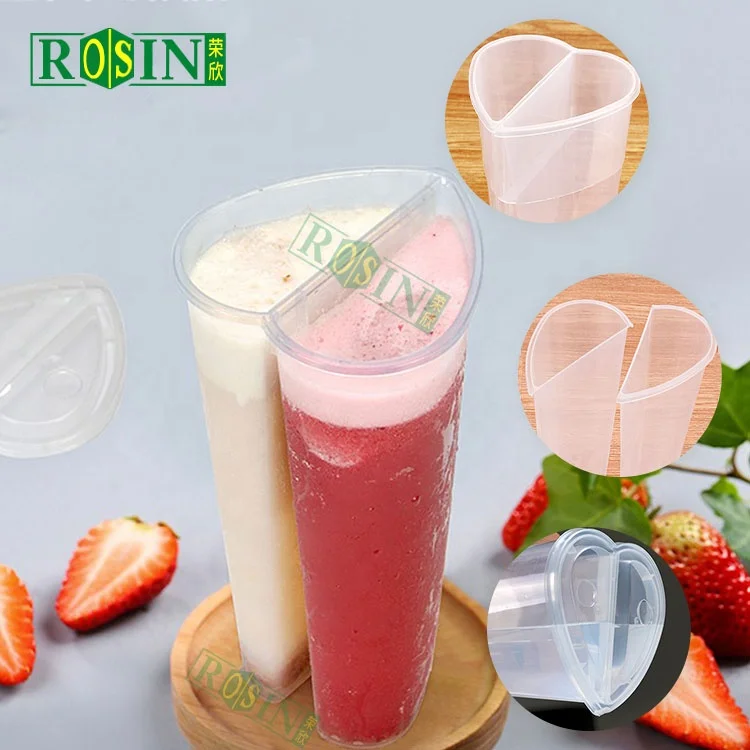 custom 16oz 22oz 700ml clear plastic disposable u shape pet bubble tea plastic split twin cup with straw lid