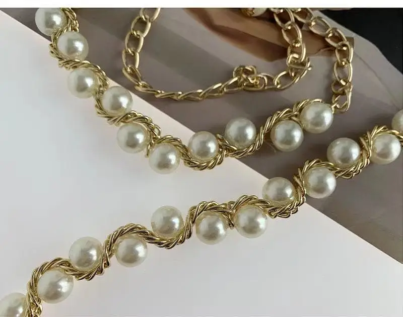 
Sweet Fashion Pearl Waist Belts For Women Dresses Gold Long chain Belt slim Girls Waist Belts Waistband 