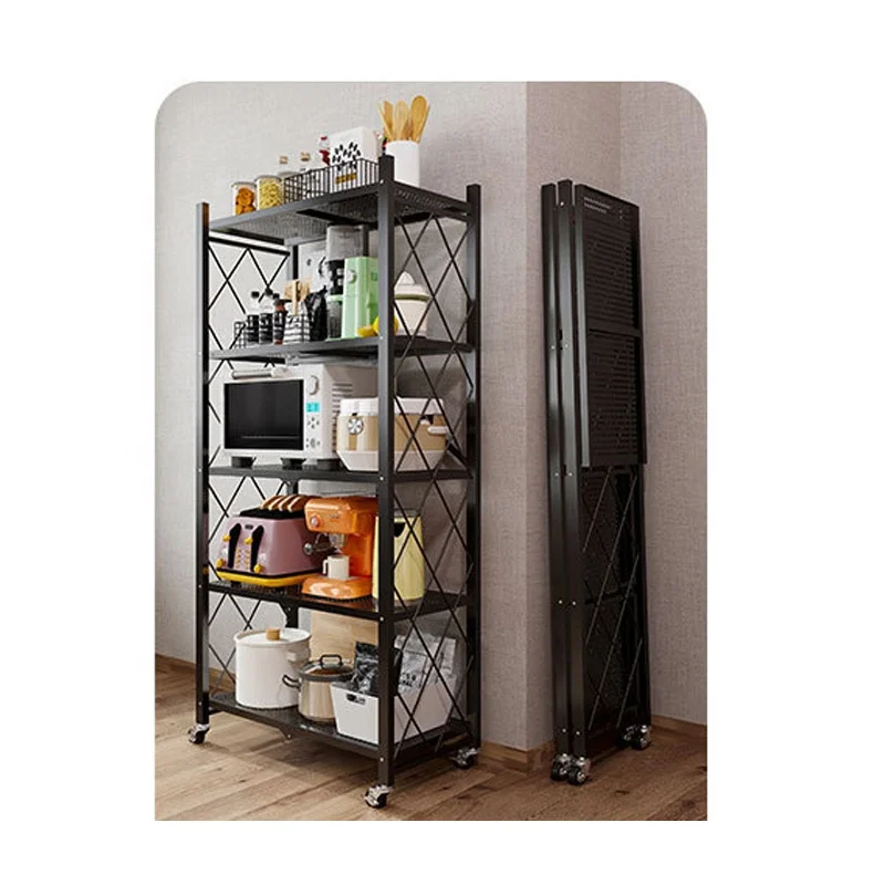 HSL001  Foldable Kitchen Vertical Shelving Rack Metal Storage Rack with Wheels 5 Tiers Mobile Iron Household Racks