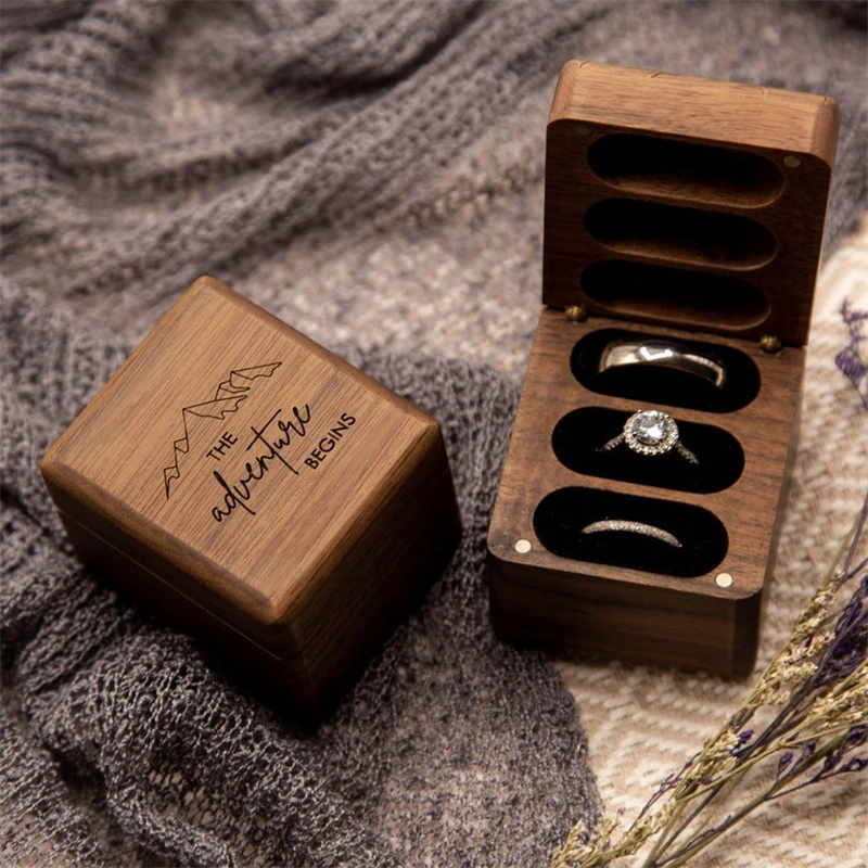 Factory Wholesale Gifts Wood Personalise Triple Flip Weeding Handmade Walnut Small Design Modern Wooden Ring Box