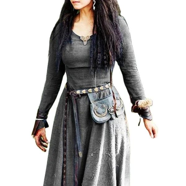 Wholesale Women Cross-Border Supply Medieval Renaissance Retro Vintage Indian Pure Color Cotton Long Dress