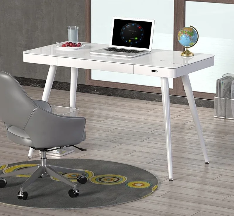 High Quality Modern Office computer table tempered glass computer desk wireless charger