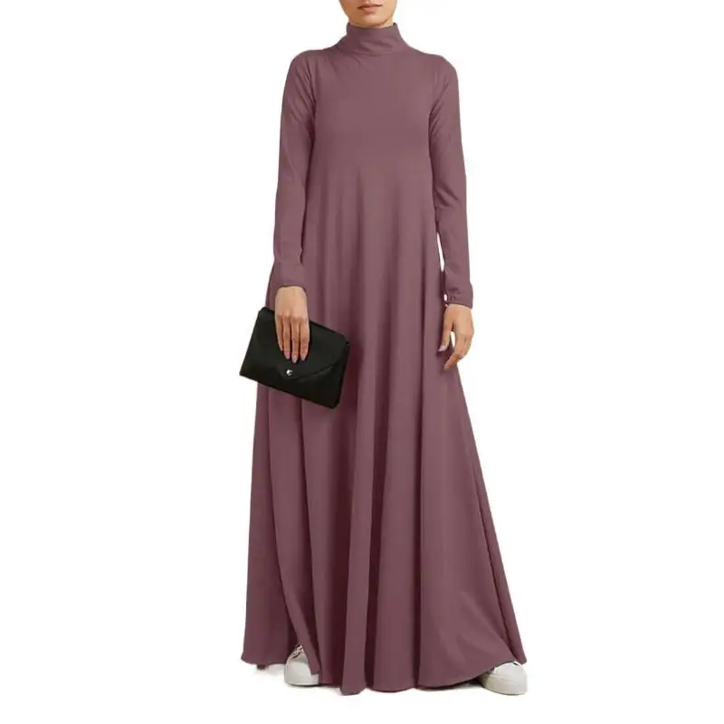 2023 Muslim Turtleneck Long Sleeve Kaftan Women Maxi Long Dress Solid Color With Pockets Casual Robe
