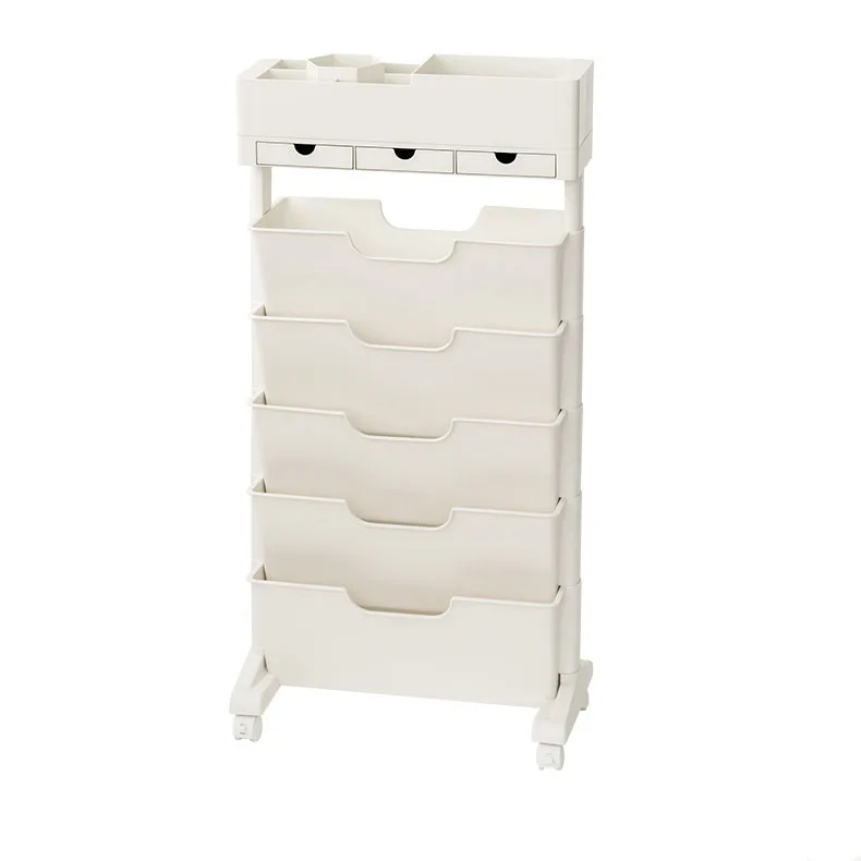 Plastic Movable Storage Rack Bookshelf Stationery Organizer with Wheels for Students