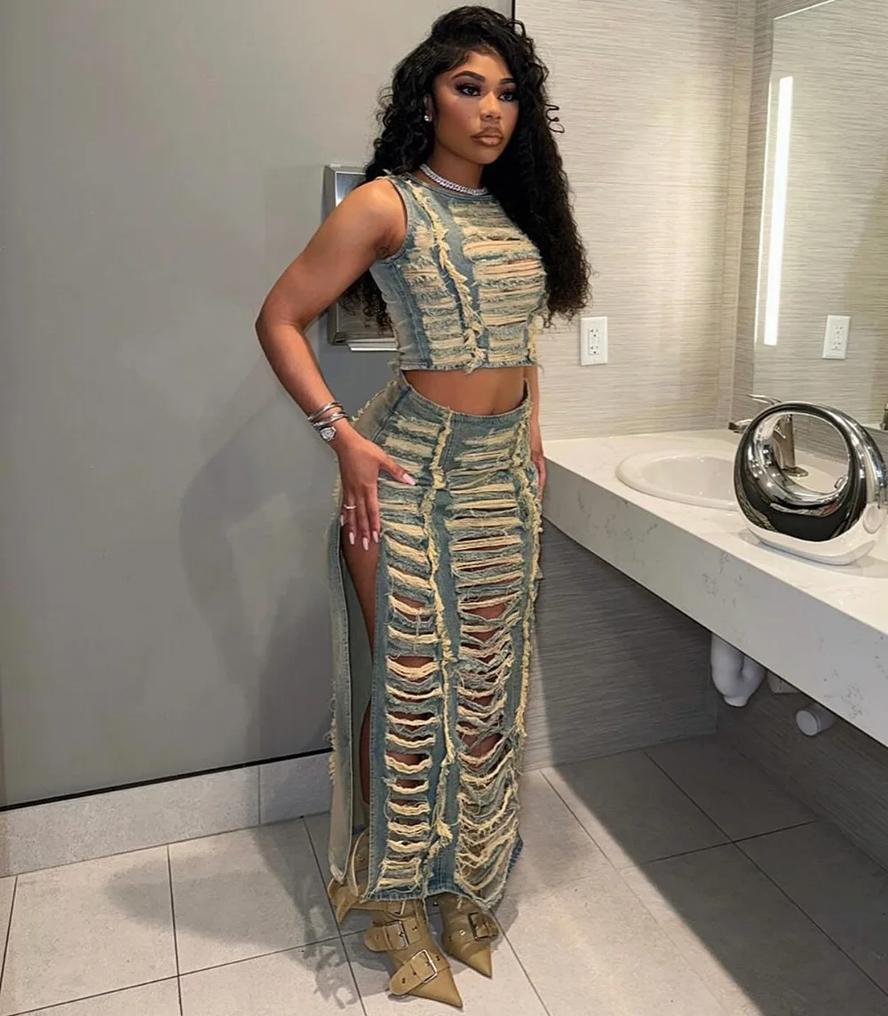 Casual summer two pieces ripped denim skirt set with sleeveless denim tank top and high slit long denim skirt