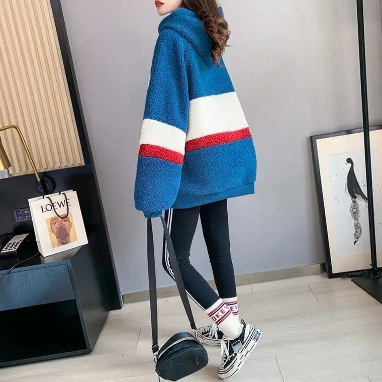 
Lamb wool hooded sweater women autumn and winter plus velvet loose Korean style lazy wind thick top coat 