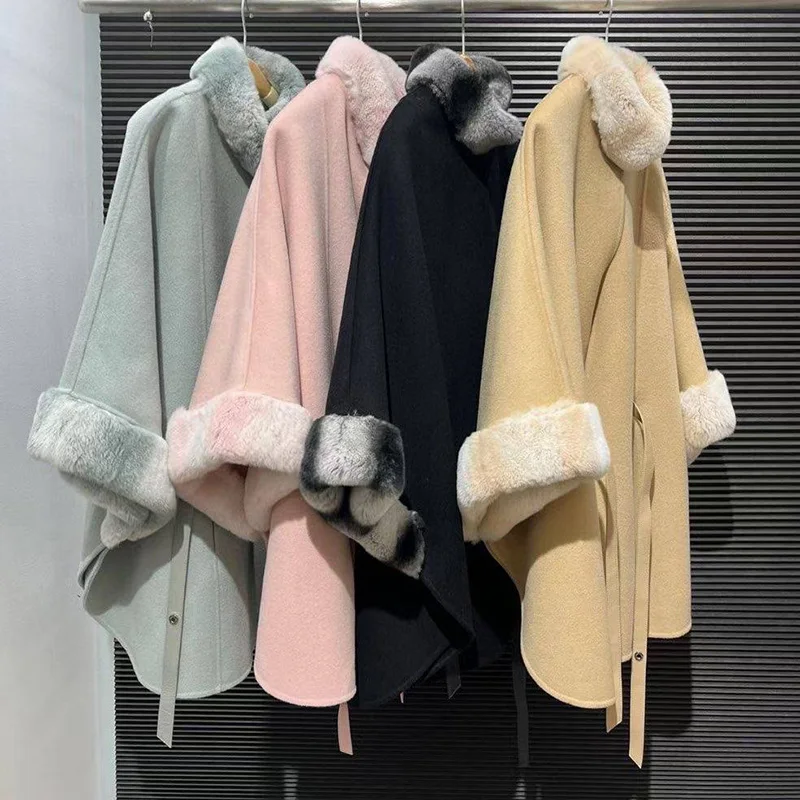 Hot Sale Chinchilla Design Fur Collar Cuffs Double Faced Cashmere Fur Poncho Women Rex Rabbit Fur Shawl