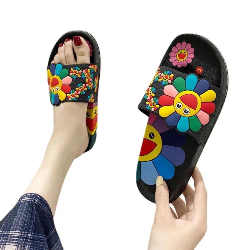 Summer Slippers for Women Fashion Outdoor Beach Sandals Sun Flower Slides Slippers Indoor Home Bathroom Anti Slip Cozy Leisure