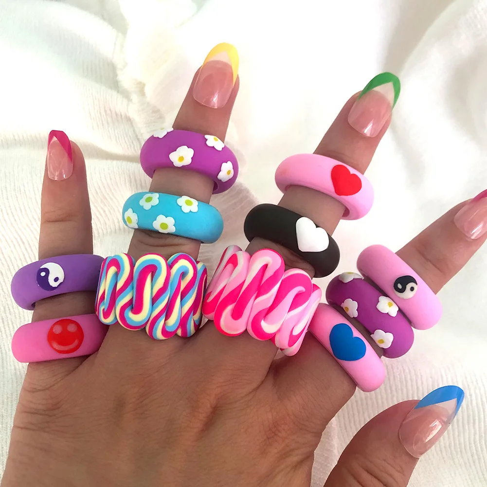 INS Fashion Cute Handmade Finger Jewelry Colorful Polymer Clay Striped Heart Yin Yang Ring Chunky Rings Women