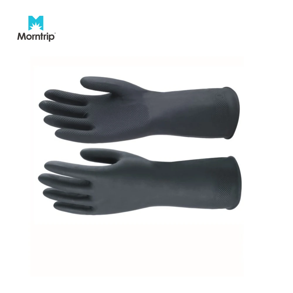 High Quality Lightweight Thin 33cm En388 Heavy Duty Black Flock Lined Natural Latex Diamond Grip Rubber Glove