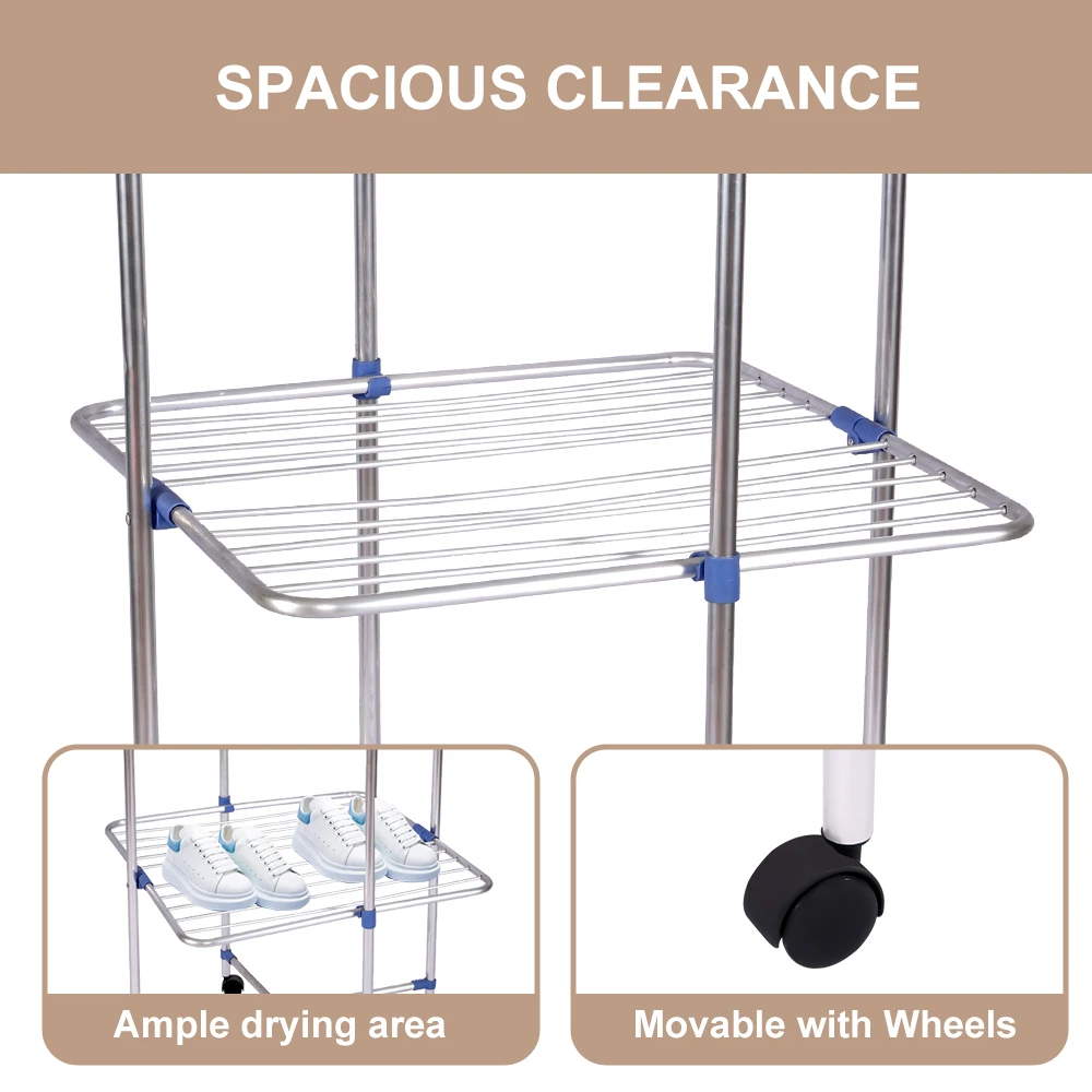 3 Tier Aluminum Cloth Drying Stand Folding Clothes Drying Rack Clothing Rack Tower Dry With Wheel
